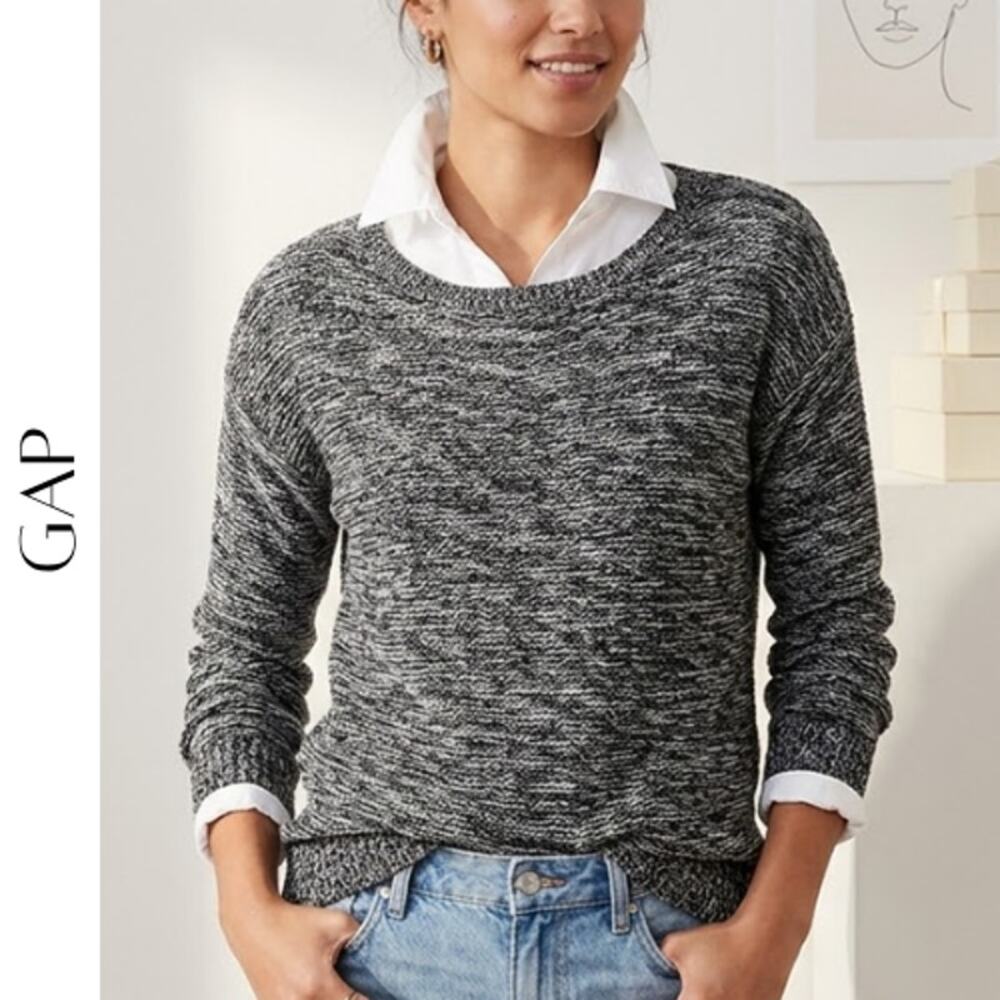 GAP Marled Knit Pullover Sweater Black White M Cozy Minimalist